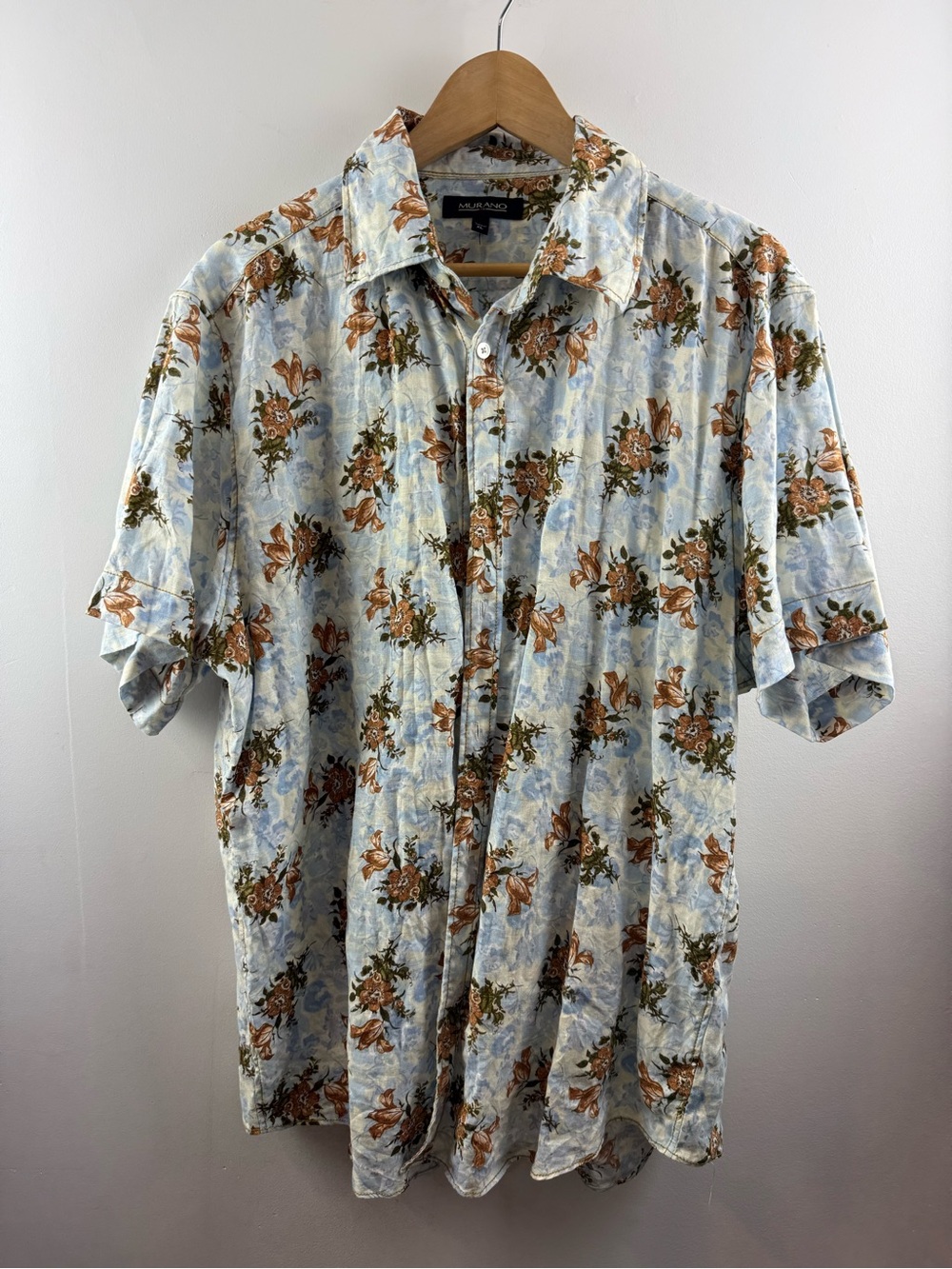 Murano Men's XL 100% Linen Floral Short Sleeve Button Down Resort Shirt